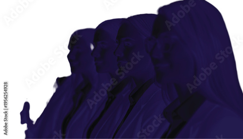 A small circle of business people are gathered together listening to a central speaker in stark black.