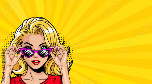 Pop Art Blonde Woman Adjusting Purple Sunglasses - Retro Comic Book Style Illustration and Yellow Sunburst Background
