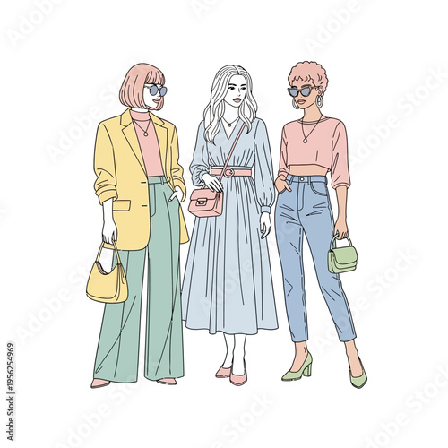 Fashionable Women's Style: Three Diverse Models in Chic Outfits and Sunglasses