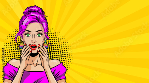 Pop Art Surprised Woman with Purple Hair Hands on Face - Retro Comic Book Style Illustration and Yellow Sunburst Background