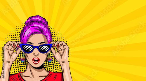 Pop Art Woman with Purple Hair Adjusting Sunglasses - Retro Comic Book Style Illustration and Yellow Sunburst Background