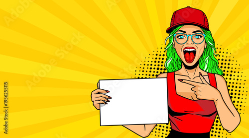 Pop Art Woman with Red Cap and Glasses Holding Blank Sign - Retro Comic Book Style Illustration with Green Hair Girl and Yellow Sunburst Background