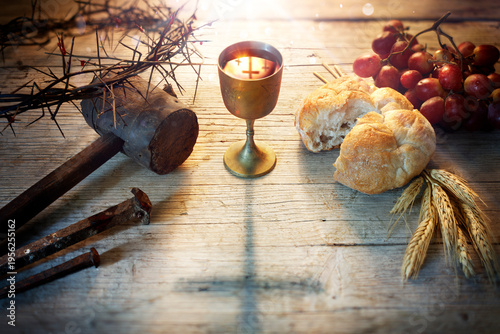 Last Supper - Holy Communion And Passion With Bread And Chalice Of Wine - Crosses In Reflection In Holy Grail, Crown Of Thorns With Grapes And Wheat