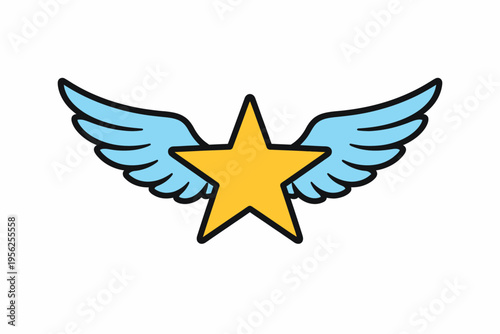 A stylized illustration of a yellow star with blue wings on a white background, symbolizing excellence and achievement in a cartoonish style.