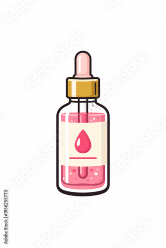 Cartoon pink serum in a glass bottle with a dropper cap on white background