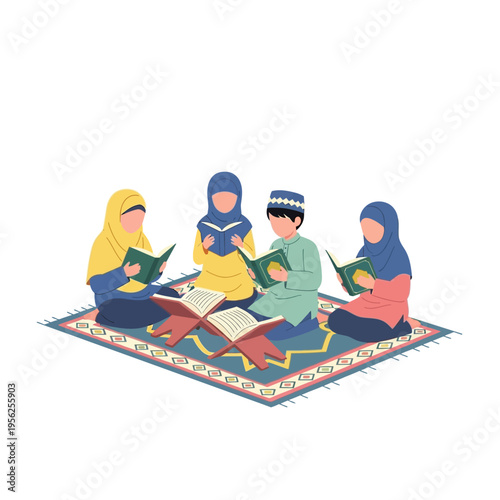 Children Reading Quran Together on Prayer Mat, Islamic Education, Family Learning