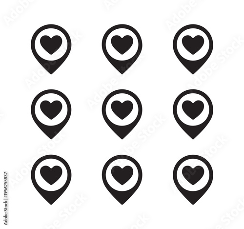 Set of map location pins with heart icon for favorite places