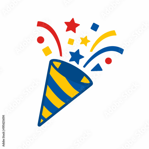 Colorful party popper with confetti and stars on white background for celebration and fun