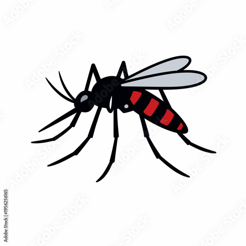A cartoon illustration of a mosquito with red stripes on its body and gray wings on a white background