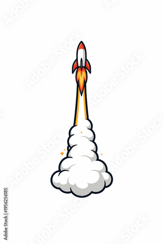 Cartoon rocket ship blasting off into the sky with smoke and flames, symbolizing innovation and progress in technology and space exploration.