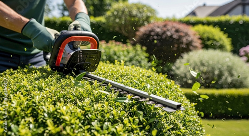 Gardener uses battery powered hedge trimmer on dense green bush, shaping shrubbery. Hands in protective gloves operate powerful battery powered hedge trimmer, trimming leaves.