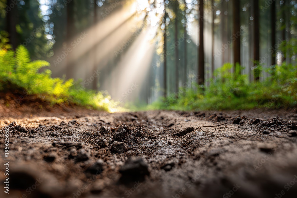 Fototapeta premium Captivating morning light shining through a lush forest path, illuminating the ground, creating a peaceful and serene atmosphere, perfect for nature lovers.