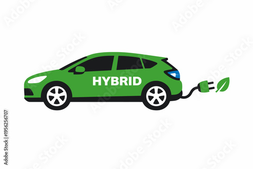 Green hybrid car charging with electric plug and leaf symbol on white background
