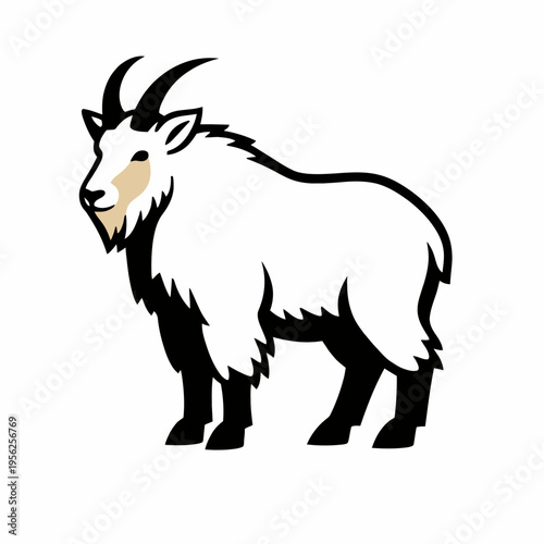 A cartoon illustration of a white mountain goat with black legs and horns on a white background