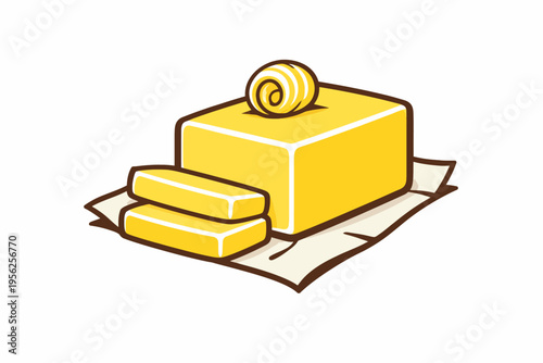 Cartoon illustration of a block of butter with slices on parchment paper