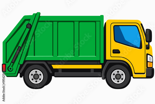 Cartoon illustration of a green and yellow garbage truck on white background