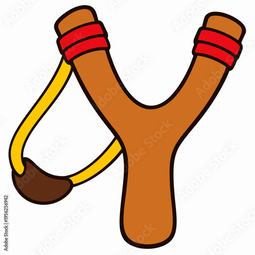 A cartoon illustration of a slingshot with red bands and a yellow elastic band on a white background