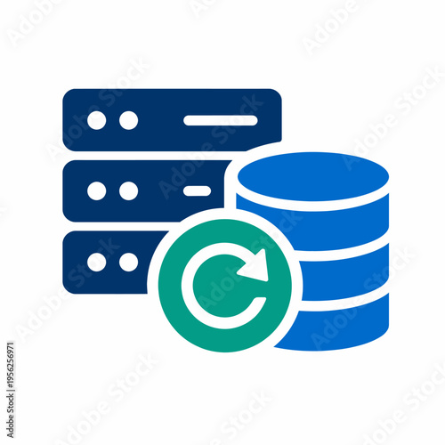 Database servers with data backup and recovery process in action on white background