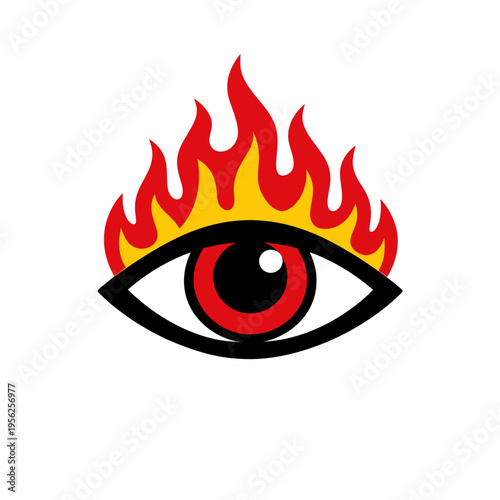 Vibrant cartoon eye with blazing flames on a white background, symbolizing intense passion or supernatural vision