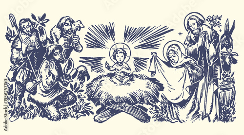 Vintage Nativity Scene Engraving with Jesus, Mary, and Joseph, surrounded by Angels and Shepherds, Antique Religious Illustration