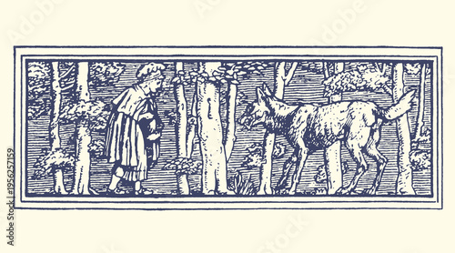 Vintage Engraving of a Man and Donkey in a Forested Landscape, Antique Scene Illustration, Rural Life Depiction