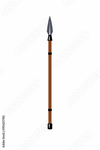 A sleek, modern illustration of a spear with a brown wooden shaft and sharp grey metal tip, perfect for hunting or historical reenactments.