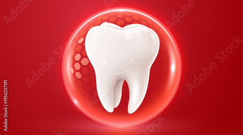 3d realistic vector healthy glowing tooth. Shield around white tooth. Dental care, protection and whitening.