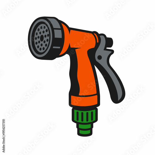 Vibrant orange garden hose nozzle with green connector and black handle on white background for gardening and watering needs