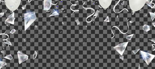silver and white celebration with white balloons shiny silver confetti and crystal prism shards falling from transparent luxury party border for wedding, anniversary and premium event