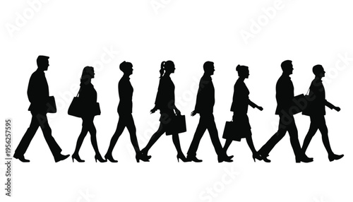 A small circle of business people are gathered together listening to a central speaker in stark black.