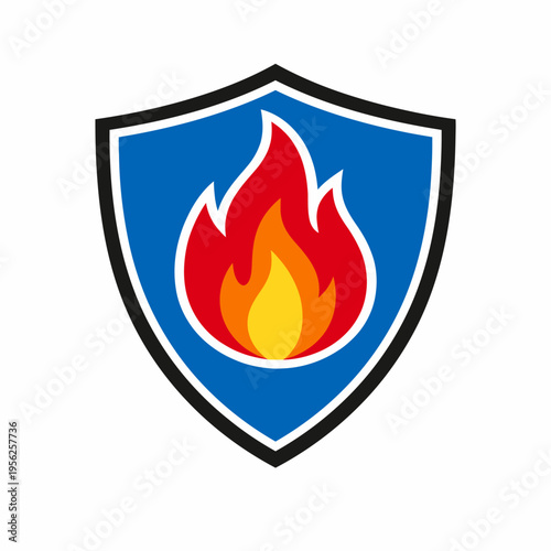 Shield with flame logo symbolizing protection and safety against fire hazards and risks