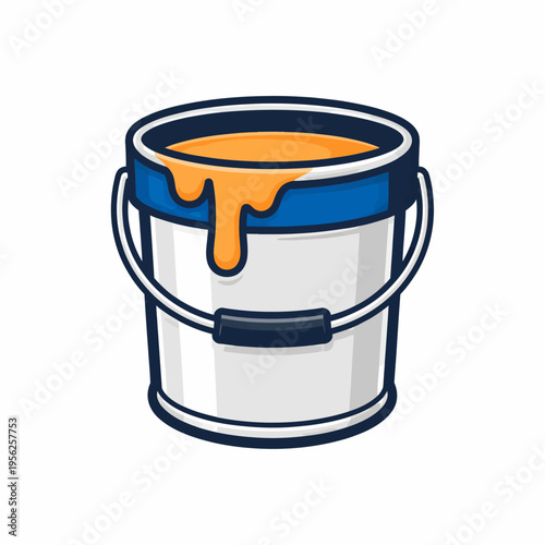 A silver paint bucket filled with orange paint on a white background