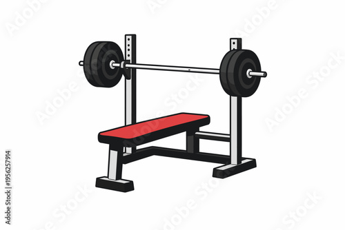 Weightlifting bench press with barbell and weights on a squat rack for strength training and exercise