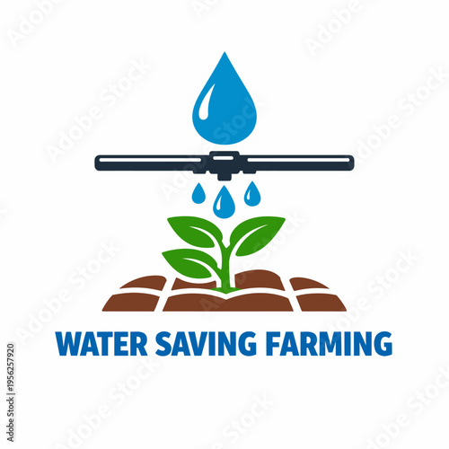Water Saving Farming Logo with Green Sprout and Blue Droplet Irrigation System on Brown Soil Background