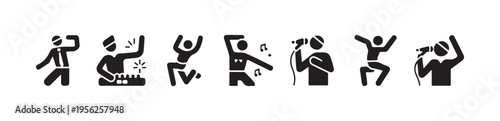 Collection music icons showing dancing people singers and dj mixing equipment
