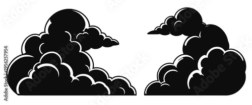 Fluffy Cloud Cluster Silhouettes with Rounded Cartoon Style. Black Cloud Set Illustration with Soft Puffy Shapes.