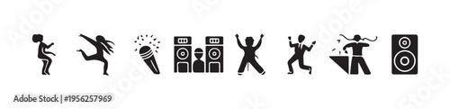 Various music icons featuring dancers speakers microphone and cheerful celebration visuals