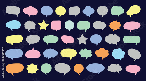 Colorful speech bubble collection with various shapes and styles on dark background including star and round comic clouds for communication dialogue and chat symbols set for message design