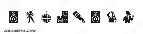 Set music and party vector icons with speakers dancer disco ball and vocalist