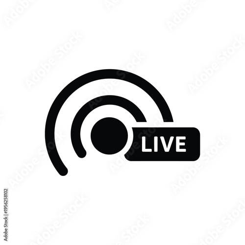 Live broadcast icon with signal waves and text, representing streaming, online communication, and real-time event transmission for media platforms