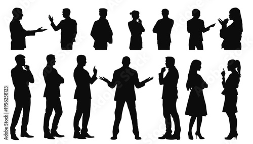 Silhouettes of diverse business people standing and gesturing in various contemplative poses against white.