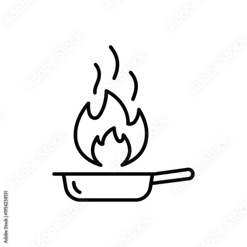 Flaming frying pan icon for cooking concept, representing culinary arts, gastronomy, and restaurant services with heat and fire element graphic