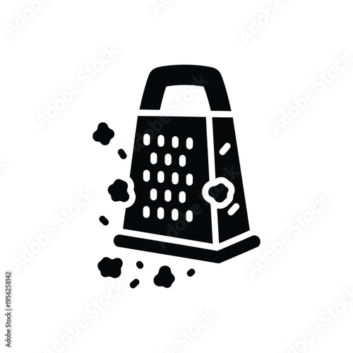 Black grater icon vector illustration, solid pictogram isolated on white. Grate cheese or vegetables with kitchen utensil. Cooking tool for preparing food, simple design