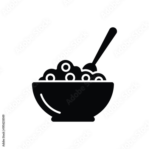Black solid icon for breakfast cereal bowl with spoon. Healthy meal, morning food, quick bite. Oatmeal or porridge, flakes and milk. Granola with fruit, diet and nutrition