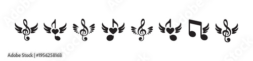 Musical notes with wings and hearts for creative design, vector illustration