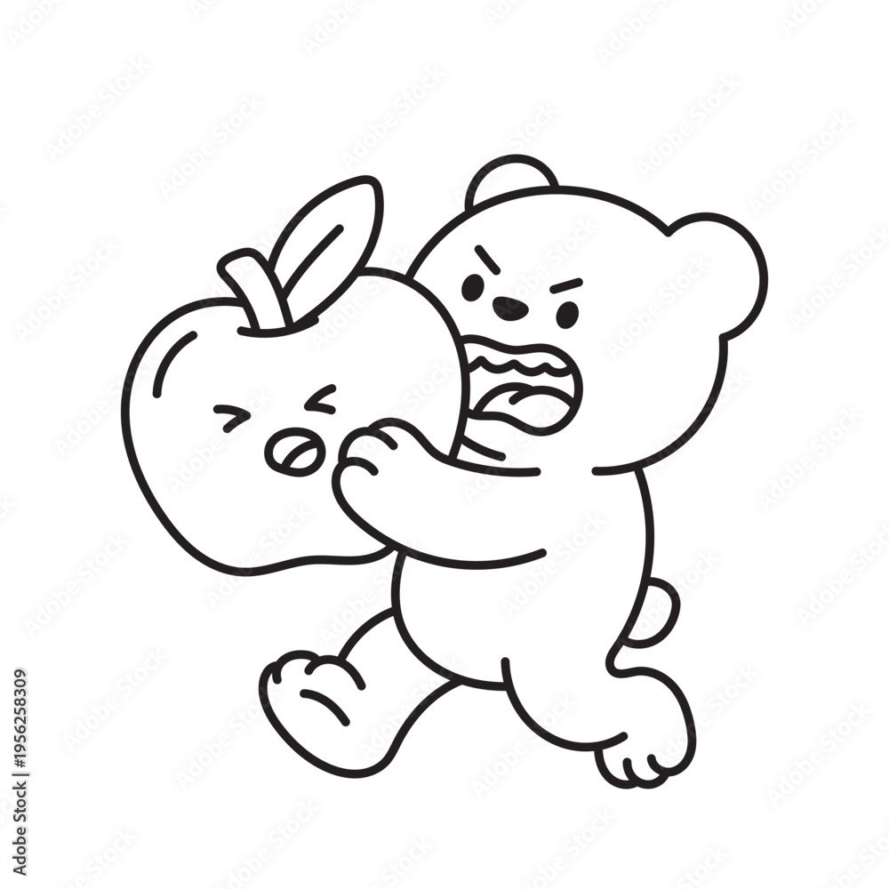 Obraz premium Cute coloring page, bear with apple. Black and white line art illustration for kids, featuring adorable cartoon characters perfect for printing and creative activities.