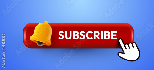 3D subscribe button with notification bell and mouse cursor. Call to action for online content and video. Vector illustration