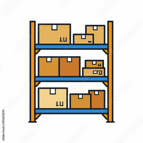 Colorful illustration of a storage rack with various sized boxes on shelves for organization and inventory management