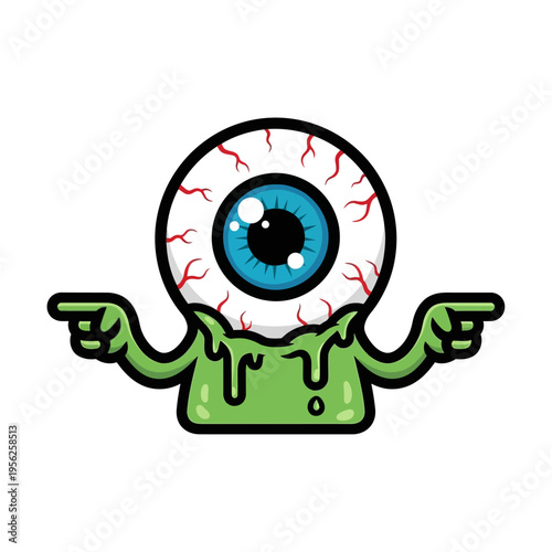 Cute Cartoon Monster Eyeball Character with Green Slime and Pointing Fingers