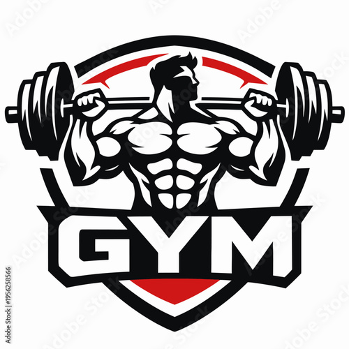 Muscular man lifting dumbbells in gym logo design with shield emblem